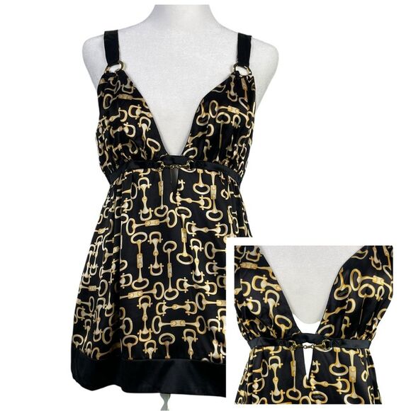 Vintage‎ Y2K 90's Bebe Silk Gold Horsebit Print Babydoll Top Small Camisole - Picture 1 of 13